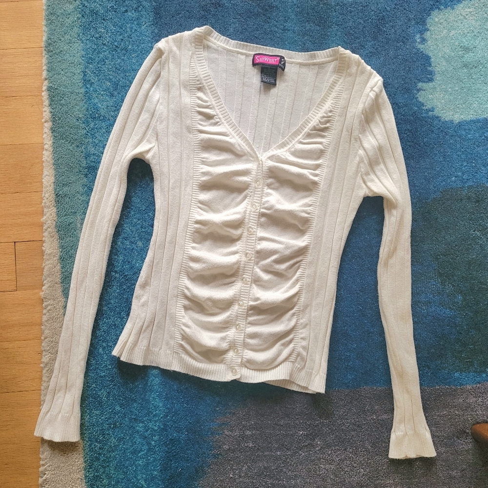 Say What white ruched front ribbed V-neck button cardigan sweater sz S girl's L